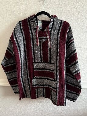 Men's Striped Hooded Zip-Up Sweater Jacket - Burgundy & Gray